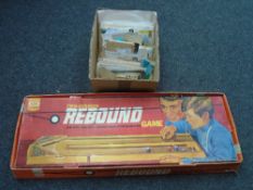 A box of First Day Covers, letters, postcards, a Rebound toy by Ideal.