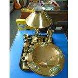 A tray containing an antique brass comport, brass candle sticks etc.