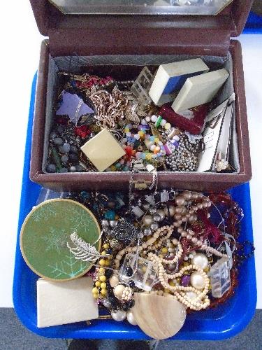 A tray and box of costume jewellery,