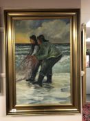 Continental school : Two fishermen dragging a net, in gilt frame, indistinctly signed, 73cm by 47cm.