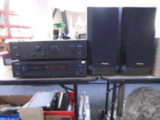 An Onkyo integrated stereo amplifier and CD player together with a pair of Technics speakers.