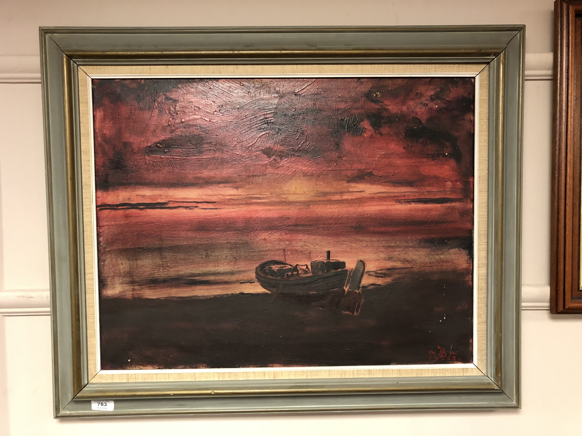 Continental school : Boat at sunset, oil-on-canvas, in frame and mount, initialed A. B. A.