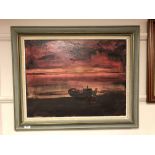 Continental school : Boat at sunset, oil-on-canvas, in frame and mount, initialed A. B. A.