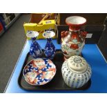 A tray of Japanese blue and white vases, Imari pattern dish, Chinese ginger jar and cover etc.