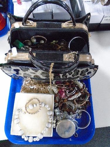 A tray of handbag containing costume jewellery etc