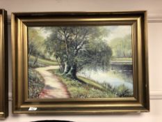 Continental school : Track by a pond, oil-on-canvas, in gilt frame, indistinctly signed,