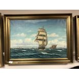 I. Hauer : Tall masted ship leaving a harbour, oil-on-canvas, in gilt frame, 44cm by 62cm.