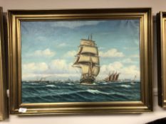 I. Hauer : Tall masted ship leaving a harbour, oil-on-canvas, in gilt frame, 44cm by 62cm.