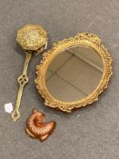A composite gilt mirror together with a brass chestnut roaster and a small copper fish mold.