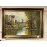 Continental school : River passing under a wooden bridge, oil-on-canvas, in gilt frame,