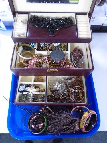 A tray and box containing costume jewellery