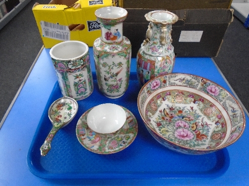 A tray of 19th century and later Cantonese ceramics, vases,