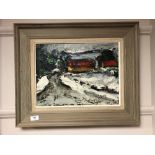 Continental school : Abstract train in snowy terrain, oil-on-board, in gilt frame and mount,