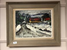 Continental school : Abstract train in snowy terrain, oil-on-board, in gilt frame and mount,