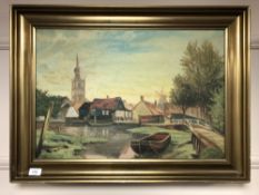 Continental school : River through a village, oil-on-canvas, in gilt frame, indistinctly signed,