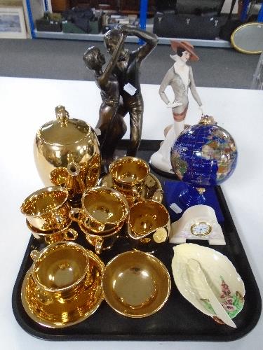 A tray of Royal Winton coffee set, bronze effect statue figure,