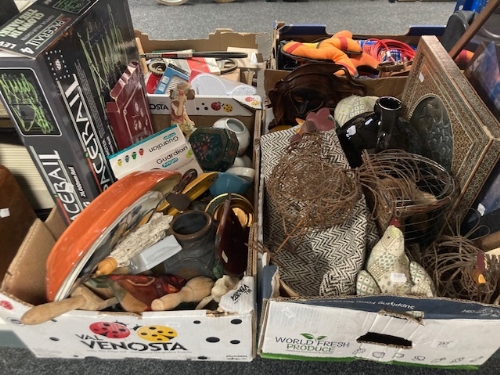 Two boxes of far eastern wall clock, Eastern enamelled brass ware, ceramics, stoneware pots,