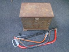 A 19th century metal coal receiver with liner together with three vintage hand saws