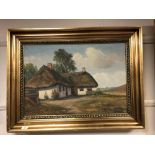 Wigno-Benf : Thatched cottage in rural landscape, oil-on-canvas, in gilt frame, 44cm by 62cm.