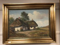 Wigno-Benf : Thatched cottage in rural landscape, oil-on-canvas, in gilt frame, 44cm by 62cm.