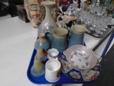 A tray containing assorted pottery and ceramics including German beer stein,