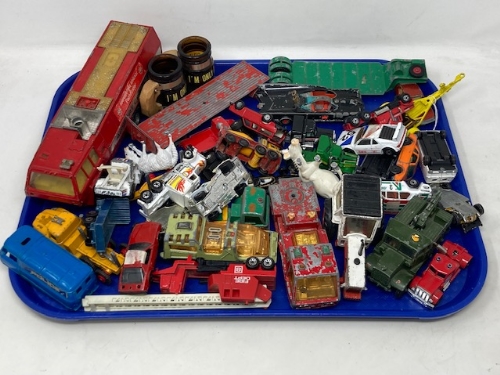 A tray of diecast model cars and vehicles, Corgi Bat Mobile etc.