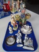 A tray of continental figures, two tea cups and saucers,