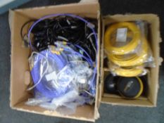 Two boxes containing assorted leads, data wire, Fluke network wire etc.
