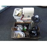 A box of kitchenware including food mixer, enamel dishes, meat grinder,