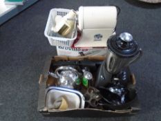 A box of kitchenware including food mixer, enamel dishes, meat grinder,