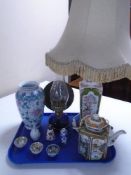 A tray containing assorted Oriental ceramics including table lamp with shade, teapot, vases,