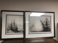 Two etchings depicting boats at sea, indistinctly signed.