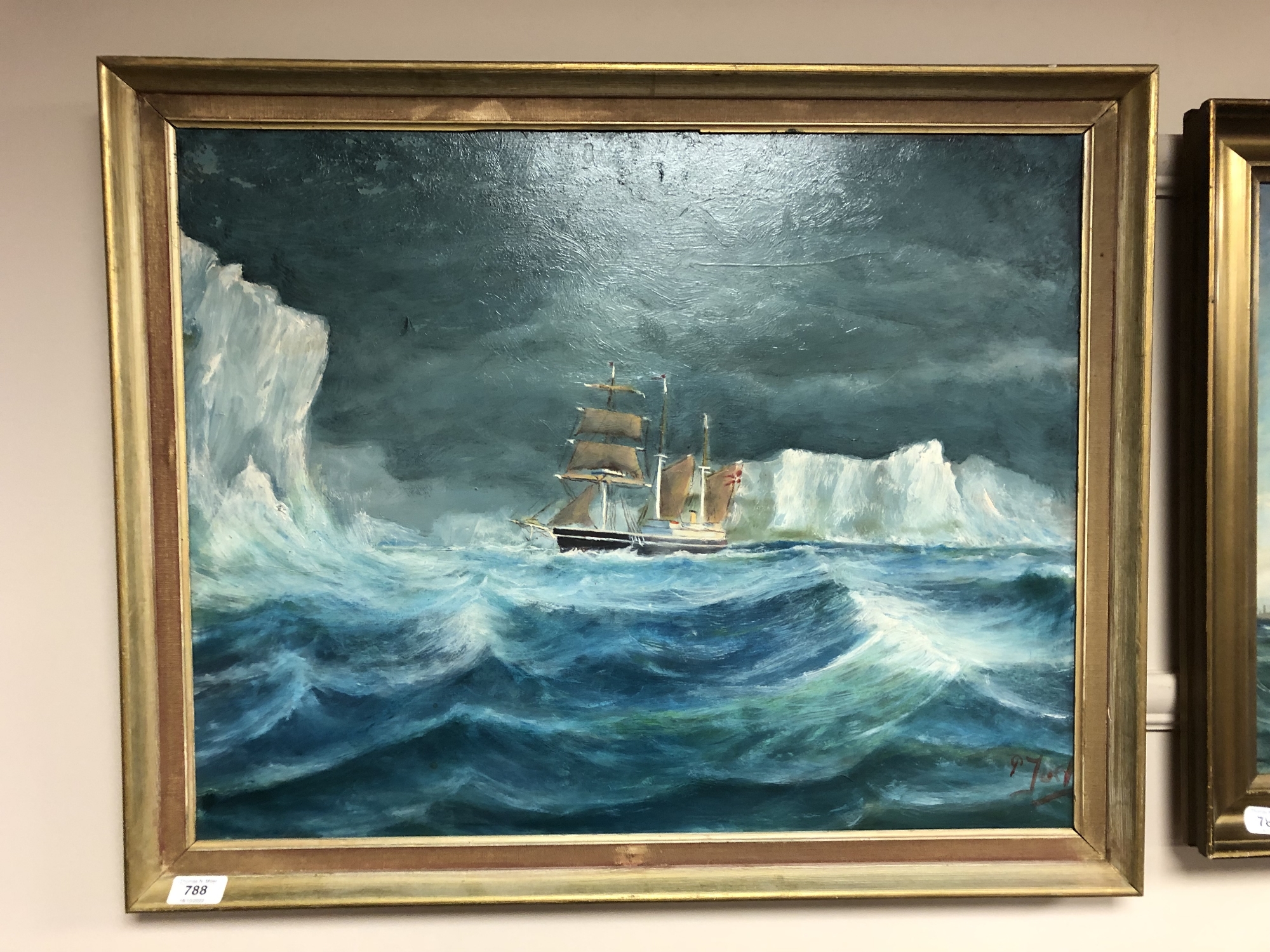 P. Joel : Ship in icy seas, oil-on-board, in gilt frame, 41cm by 65cm.