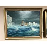 P. Joel : Ship in icy seas, oil-on-board, in gilt frame, 41cm by 65cm.