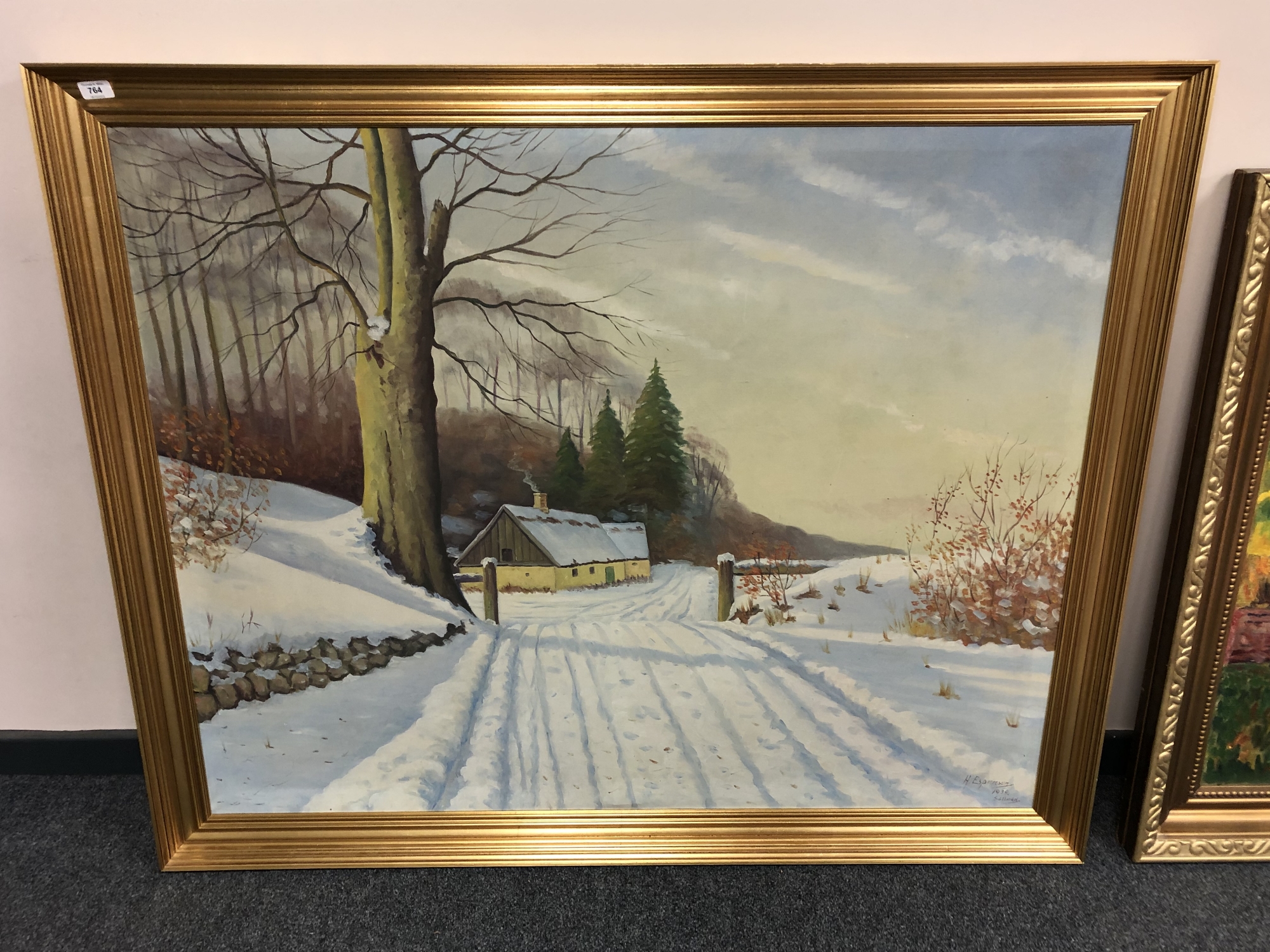 H. Espensen : Snowed in cottage by a forest, oil-on-canvas, in gilt frame, 96cm by 120cm.