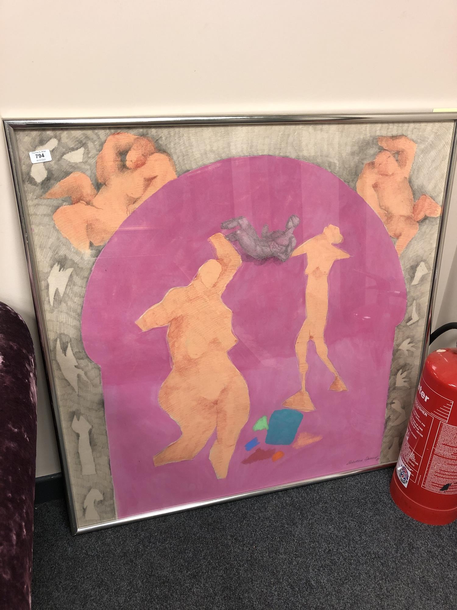 Continental school : Abstract depiction of figures, watercolour and pencil, in frame,