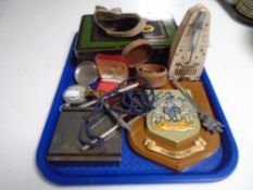 A tray containing pocket compass, cufflinks, tuning forks, metronome, opera and field glasses.