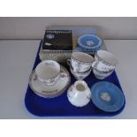 A tray of part Wedgwood tea service, Jasperware dishes,