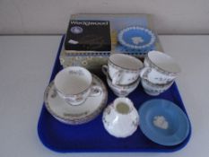 A tray of part Wedgwood tea service, Jasperware dishes,