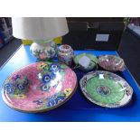 A tray of Maling lustre ware, table lamp,