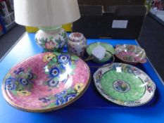 A tray of Maling lustre ware, table lamp,