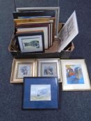 A box of pictures and prints including an oil-on-canvas depicting a harbour etc.