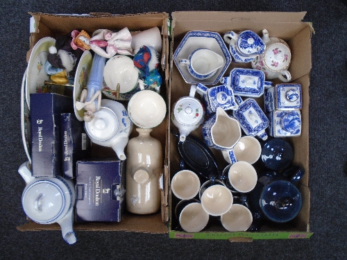 Two boxes of ceramics including Ringtons blue and white, Cotswold china coffee set, ornaments,