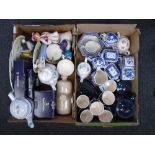 Two boxes of ceramics including Ringtons blue and white, Cotswold china coffee set, ornaments,