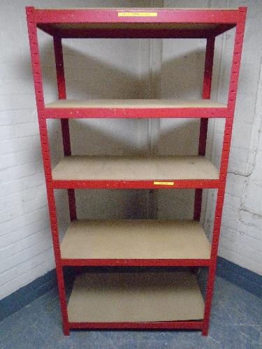 A five tier red metal shelving unit.