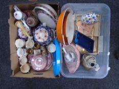 Two boxes of ceramics including Maling pink lustre, Le Crueset dishes etc.