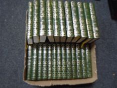 A box containing a quantity of Heron books, leather bound volumes, the works of Charles Dickens.