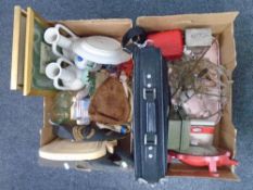 Two boxes of glazed plates, lap top case, metal box, light fitting,