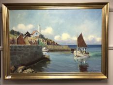 Continental school : Boat sailing by a harbour, oil-on-canvas, in gilt frame, indistinctly signed,
