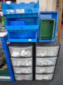 Two plastic four drawer storage chests containing plastic fittings, face plates,